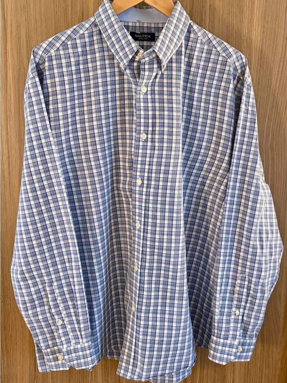 Nautica Men’s Blue and White Plaid Button-Down Shirt
